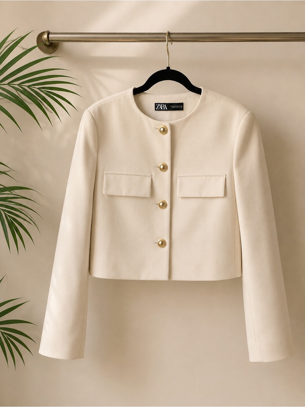 Zara Ivory Cropped Jacket Gold Button Blazer M